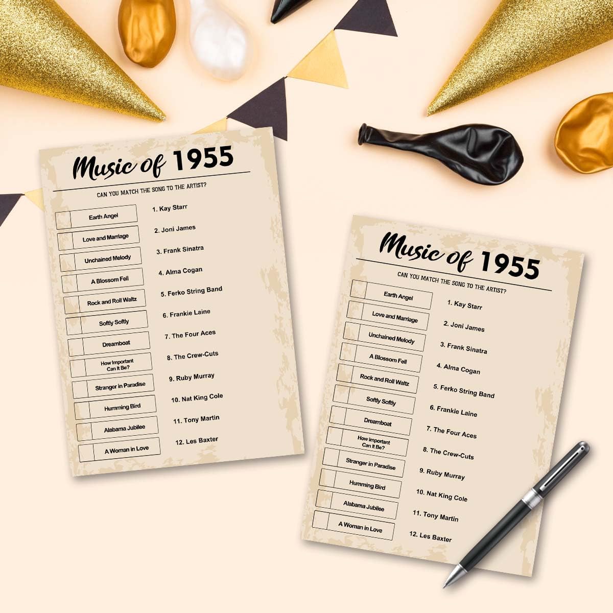 QUPT 70th Birthday Party Games, Music of 1955 Games, Birthday Party Supplies for Adults, Fun 1955s Party Game, Pack of 30 Cards