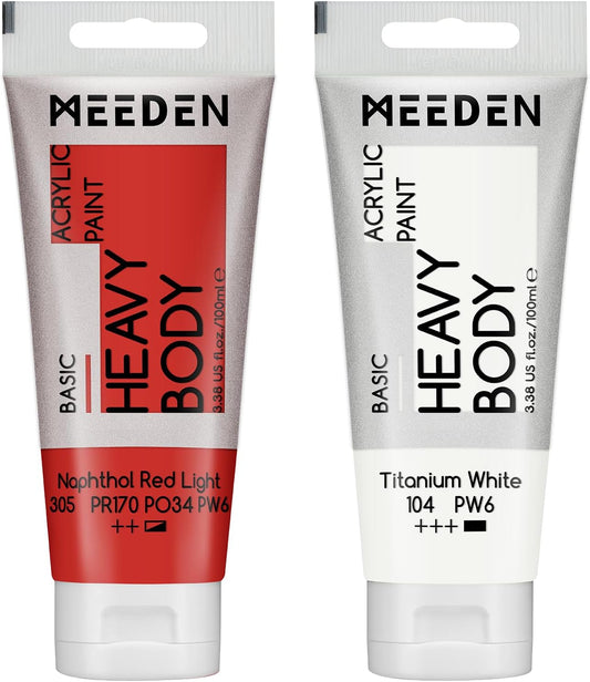 MEEDEN Acrylic Paint Naphthol Red Light: Bundled with Titanium White Color - 100ml/3.38oz x 2 Bulk Heavy Body Acrylic Paint Tubes for Art Craft Painting