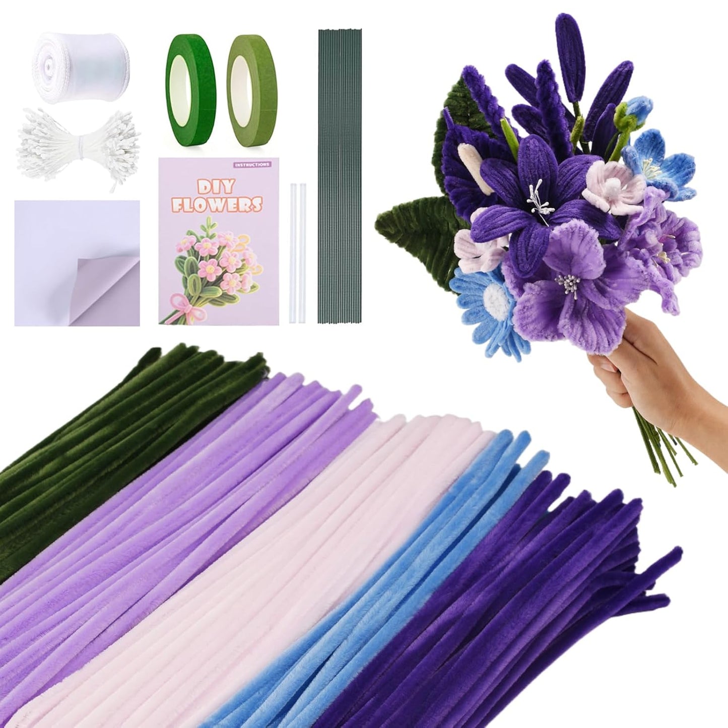 Pipe Cleaners Craft, 400pcs Pipe Cleaners with Flower Stems, Floral Tape, Ribbon, for Flower Bouquet DIY-Purple
