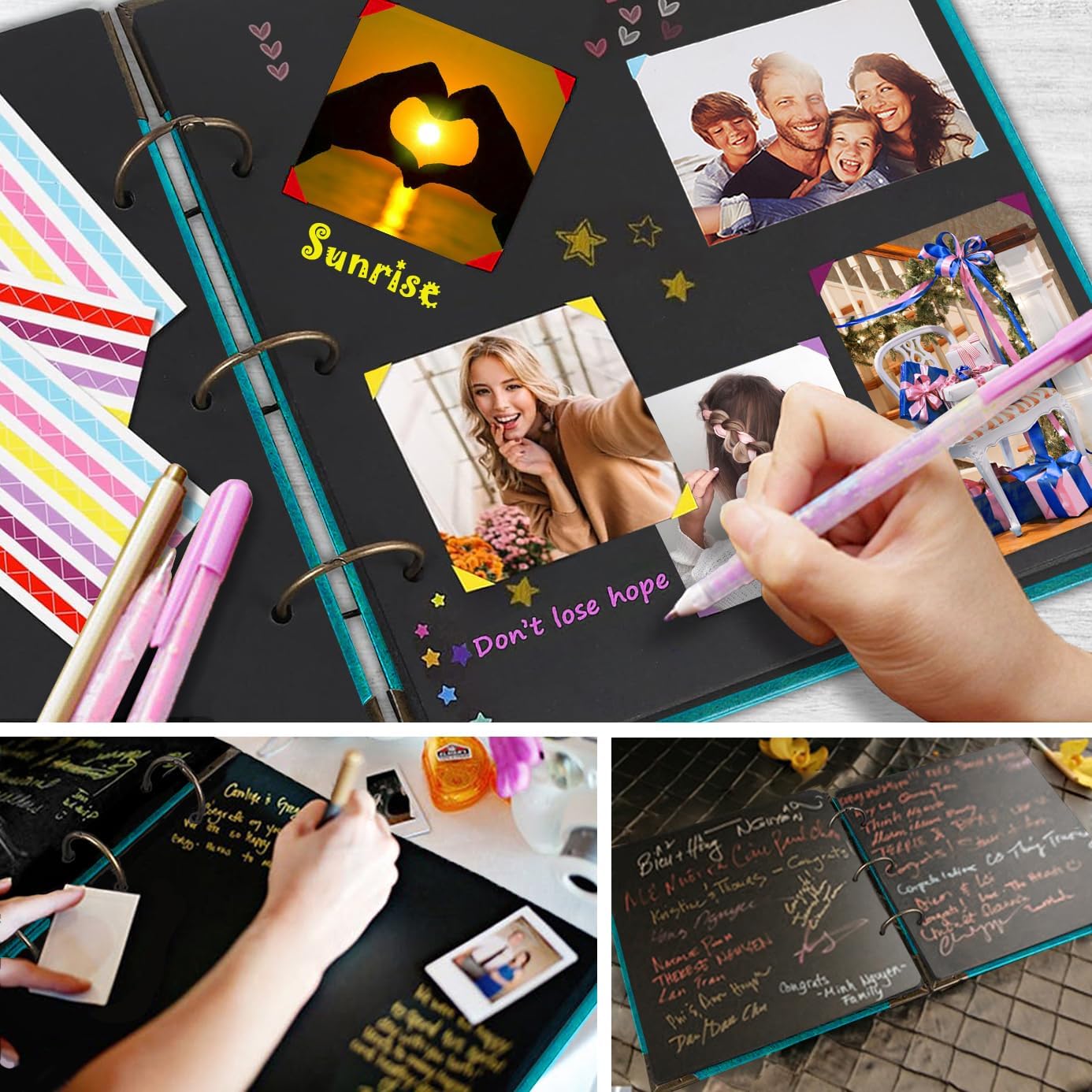 Photo Album DIY Scrapbook, 10x10 inch 50 Pages Vintage Leather Cover Three-Ring Binder Picture Booth Albums + 9 Colors 408pcs Self Adhesive Photos Corners for Memory Keep (Family Tree, Cyan)