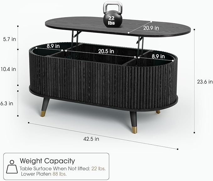 SULIVES Oval Coffee Table with Storage, Small Fluted Center Table - Image 2