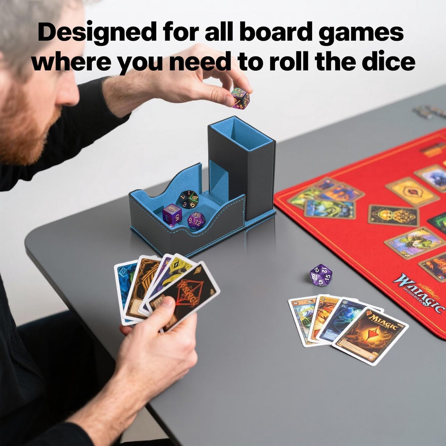 Dice Roller Tower, Premium DND Magnetic Dice Tray, Foldable PU Leather Dice Tower RPG Gifts for Dungeons and Dragons MTG Dm & Player Black/Blue