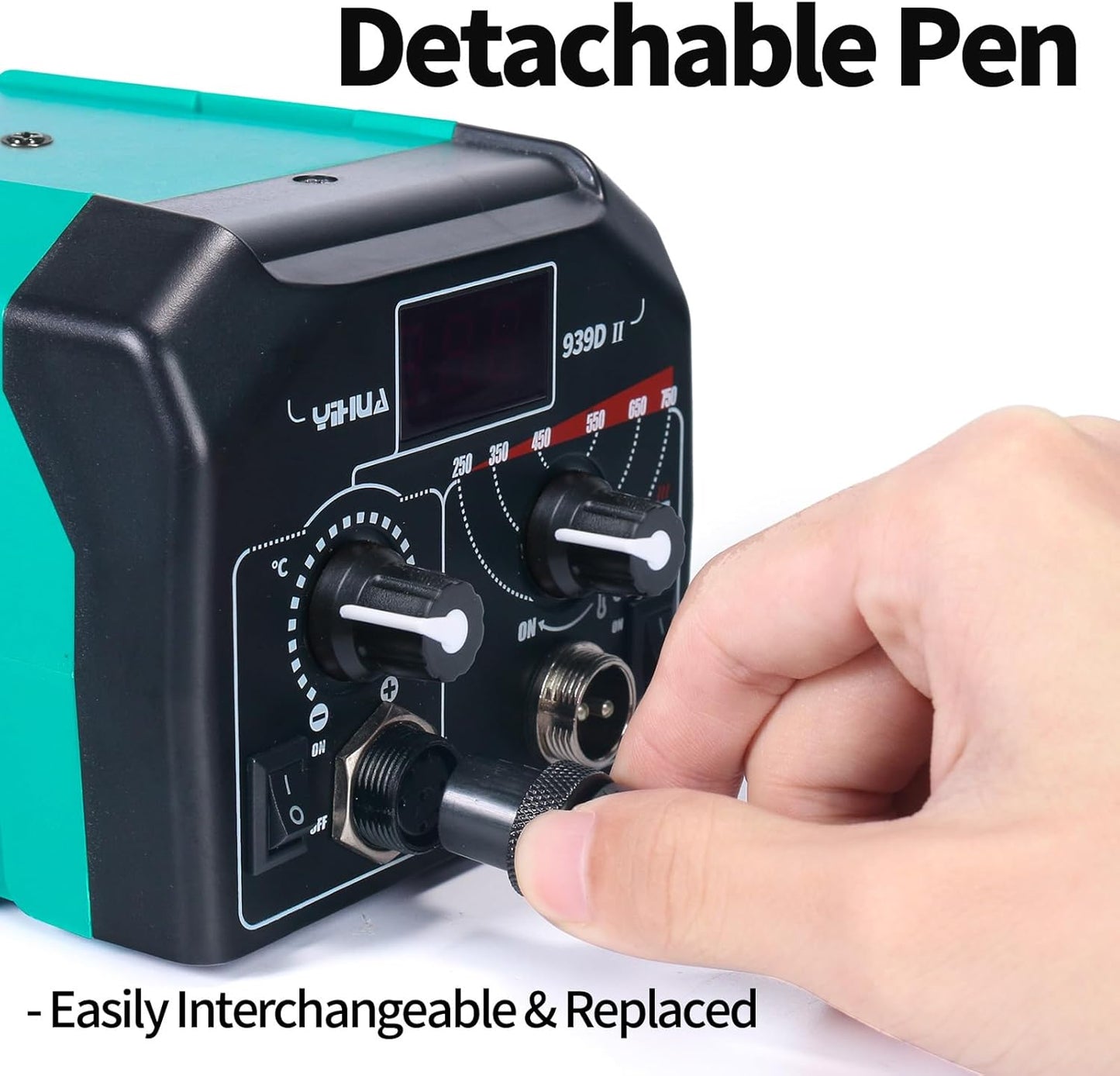 YIHUA 939D-II Pyrography Pen Wood Burning Kit Station 2-in-1 Solid-Point 200~480°C (with Temp Display)/Wire-Nib 250~750°C with 20 Nibs, Solid Points, 1 Stable Pen Holder, 2 Scrap Wood (Green)