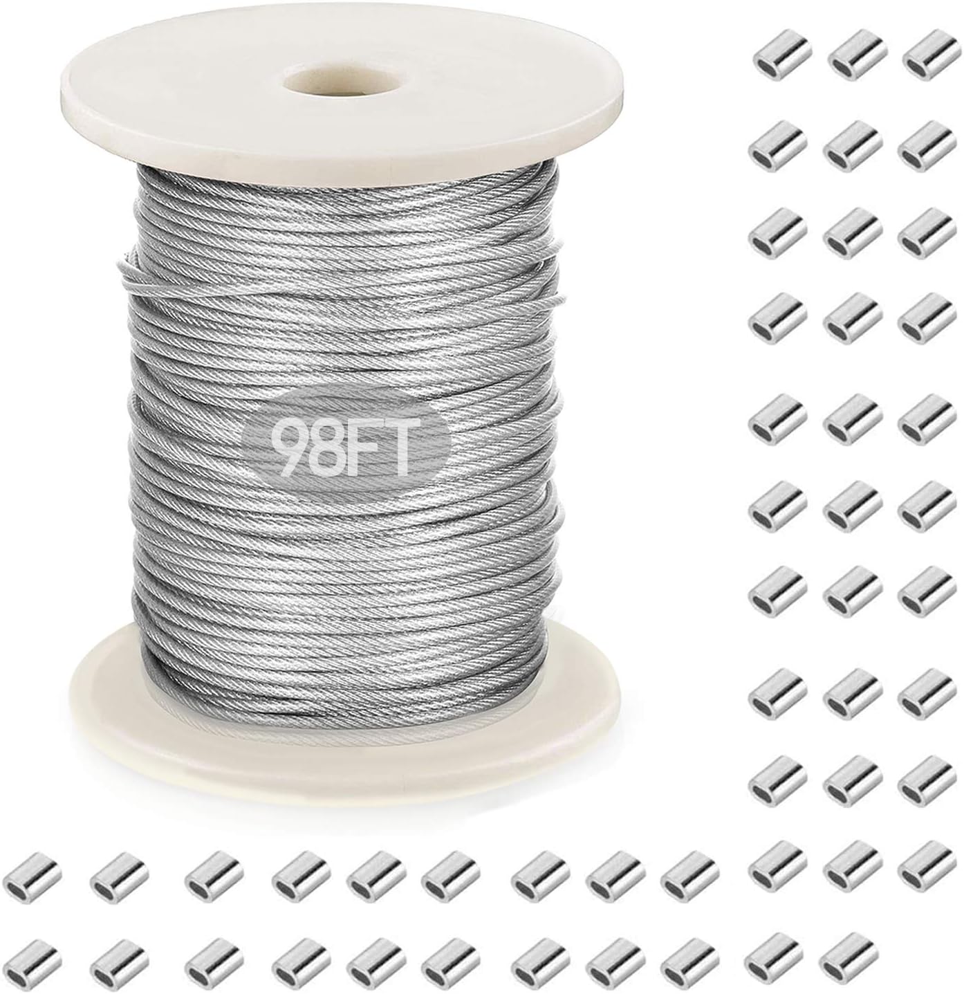 Picture Hanging Wire, Plastic-Coated Stainless Steel Wire with 50pcs Aluminum Crimping Loop Sleeve for Hanging Photo Frame Artwork Mirror Bird Feeder String Light Plant Climbing (1.5mm x 98Feet)