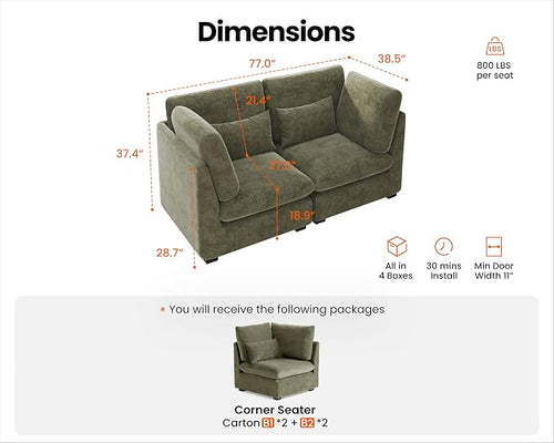 77" Oversized Chenille Couch Modular Sectional Sofa, Washable Cloud Couch - Image 2