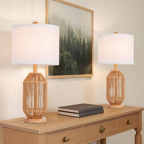 21" Boho Rattan Table Lamps Set of 2, Farmhouse Bedside Nightstand Lamps - Image 2