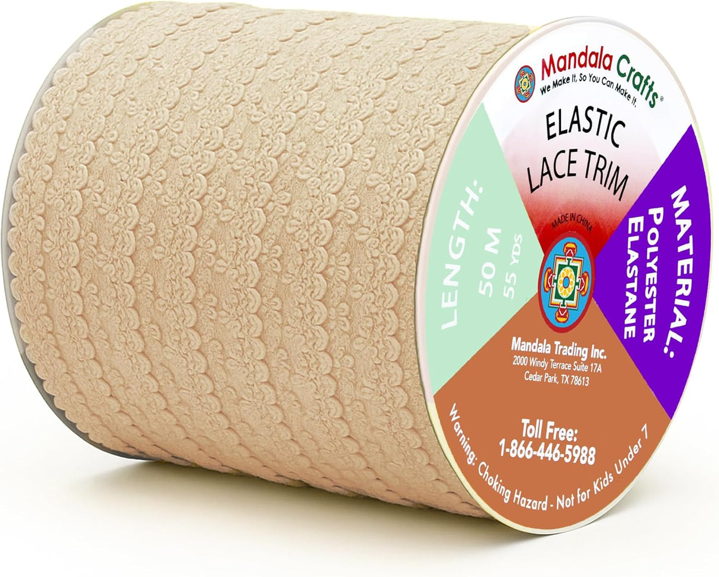 Mandala Crafts Beige Stretch Lace Soft Elastic Trim Roll - 55 Yards 1 Inch Wide Stretchy Frilly Picot Ribbon for Sewing Lingerie, Headbands, Underwear, and Crafts