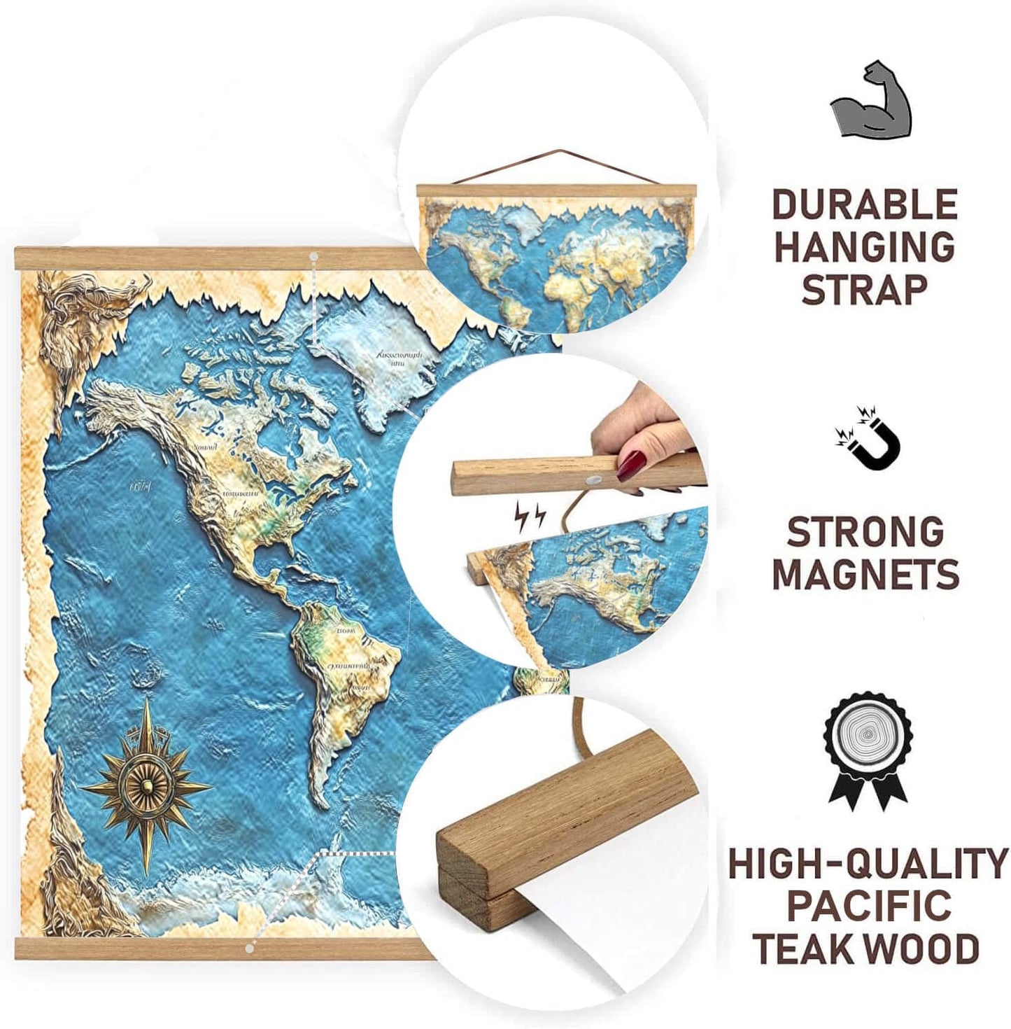 DACRI HOME 48" Sturdy Magnetic Poster Hanger Frame - Teak Wood Poster Frame, Strong Magnets for Safe Hanging Maps Pictures Print Scroll Wall Art (48 Inch, Natural Wood)