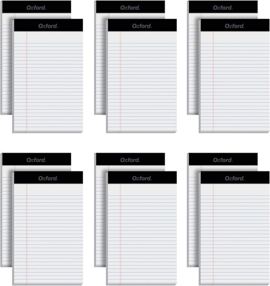Oxford 5 x 8 Legal Pads, 12 Pack, Narrow Ruled, White Paper, 50 Sheets Per Writing Pad, Made in the USA (74019)