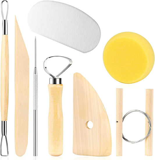 8 Pieces Wooden Pottery Sculpting Clay Cleaning Tool Set, Includes Clay Cutting, Modeling, Trimming Tools, for Beginner Level Pottery and Smoothing, Cleaning, Carving, Shaping and Sculpting