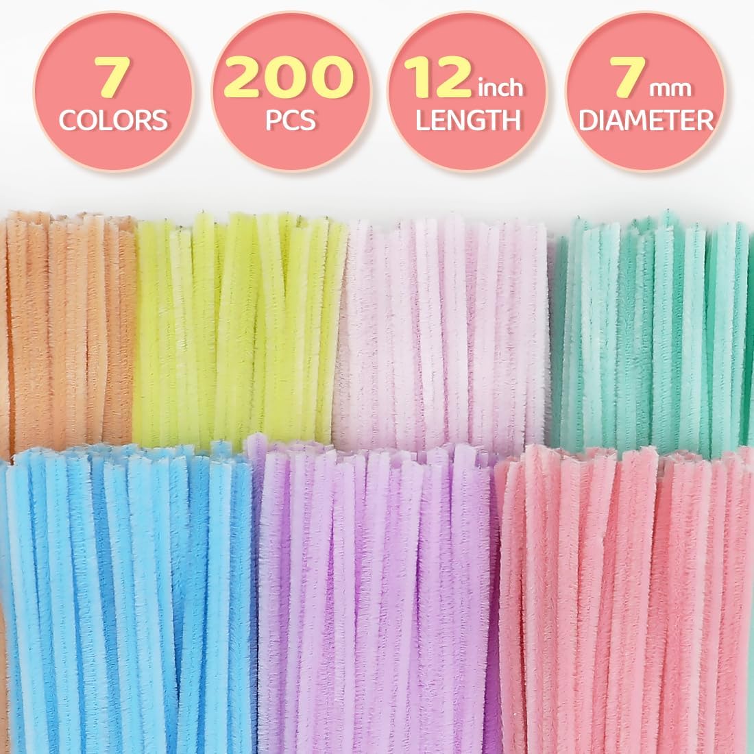 200pcs Pipe Cleaners, Chenille Stems in 7 Pastel Candy Colors for DIY Crafts, Art Projects, and Holiday Decorations(Macaron)