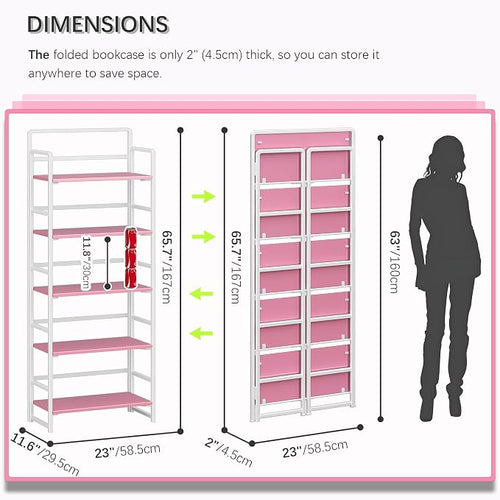 4NM No Assembly 5 Tiers Folding Bookshelf Storage Shelves Vintage Bookcase - Image 2