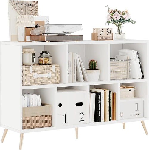7-Cube Storage Organizer with Natural Wood Legs, Mid-Century Modern Bookcase by Flrrtenv