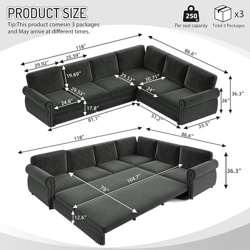 118" L-Shaped Sleeper Couch Bed - Image 2