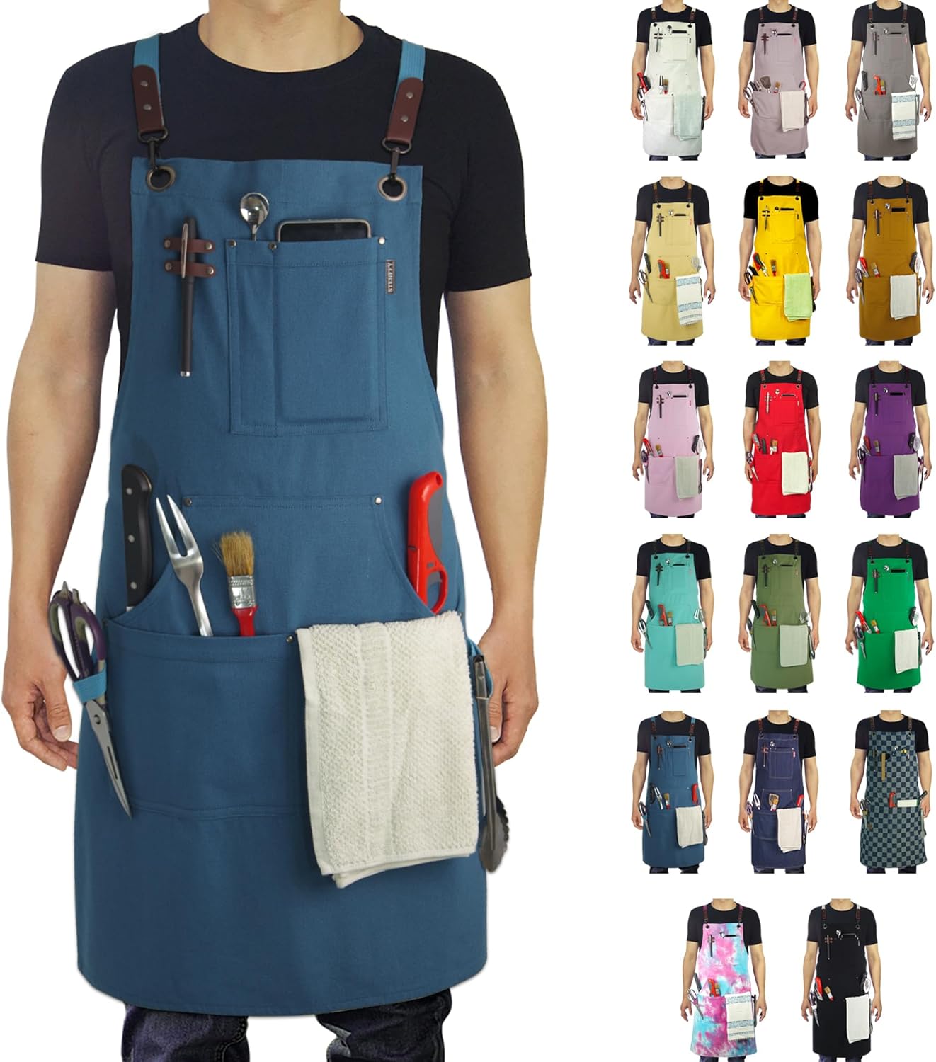 Kitchen Apron, Work Apron, Canvas, Multiple Pockets, Gardening, Painting, BBQ, Artist, Carpenter, Sizes M to XXL, Blue
