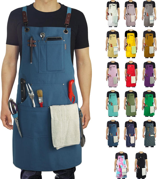 Kitchen Apron, Work Apron, Canvas, Multiple Pockets, Gardening, Painting, BBQ, Artist, Carpenter, Sizes M to XXL, Blue