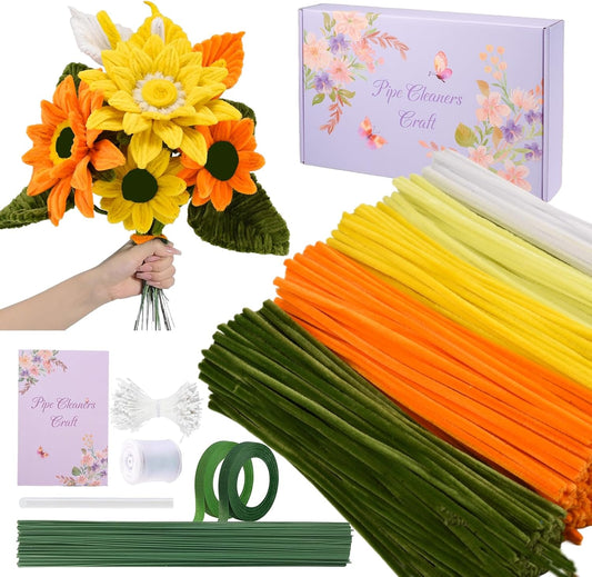 400 Pcs Pipe Cleaners Craft Set, 5 Assorted Pipe Cleaners Bulk, Chenille Stems for DIY Flower Making Kit with Floral Stems, Gardening Tape, Stamen, Ribbon for DIY Bouquet Gift (Sunflower)