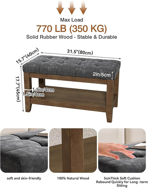 ABHENG Solid Rubber Wood Shoe Bench, Soft Chenille Material Upholstered Seat - Image 2