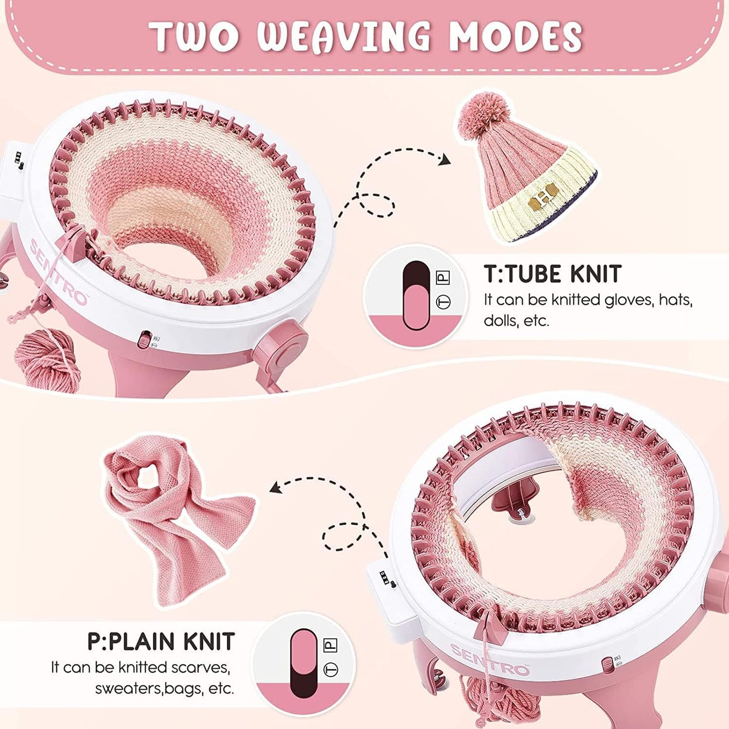 SENTRO 48 Needles Knitting Machine with Row Counter and Plain/Tube Weave Conversion Key, Efficiently DIY Scarf Hat Sock (48 Pink)