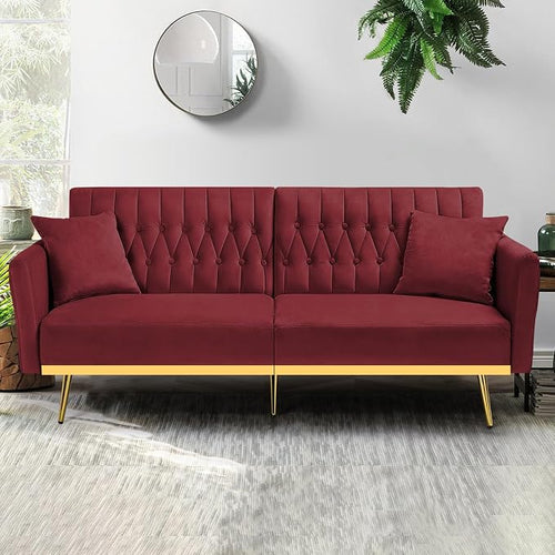 70” Velvet Futon Sofa Bed with 2 Pillows and Adjustable Armrests, Convertible - Image 2