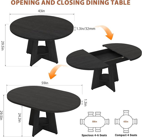 43''–59'' Extendable Dining Table, Round Kitchen Dining Room Dinner Table - Image 2