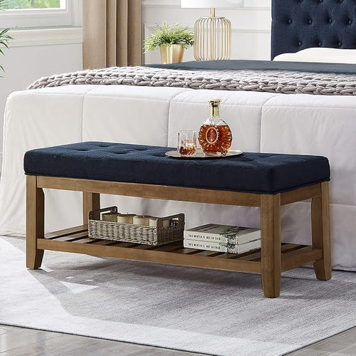 24KF Large Rectangular Upholstered Tufted Linen Fabric Ottoman Bench, Padded by WEMARTHOMEDECOR