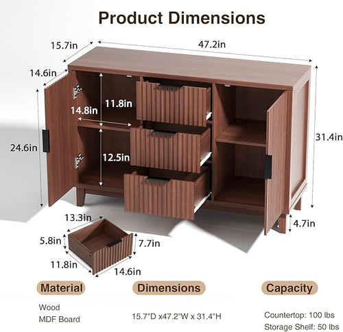 47.2" W Storage Cabinet with 3 Drawers, Fluted Buffet Cabinet with Storage - Image 2