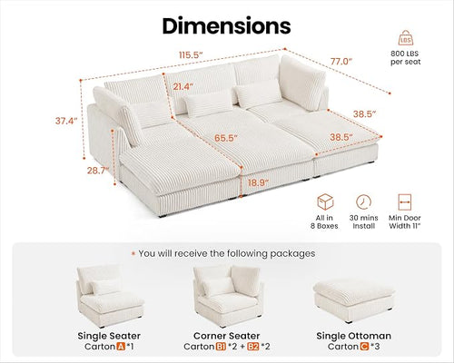 115" Oversized Corduroy Couch Modular Sectional Sofa, Washable Cloud Couch - Image 2