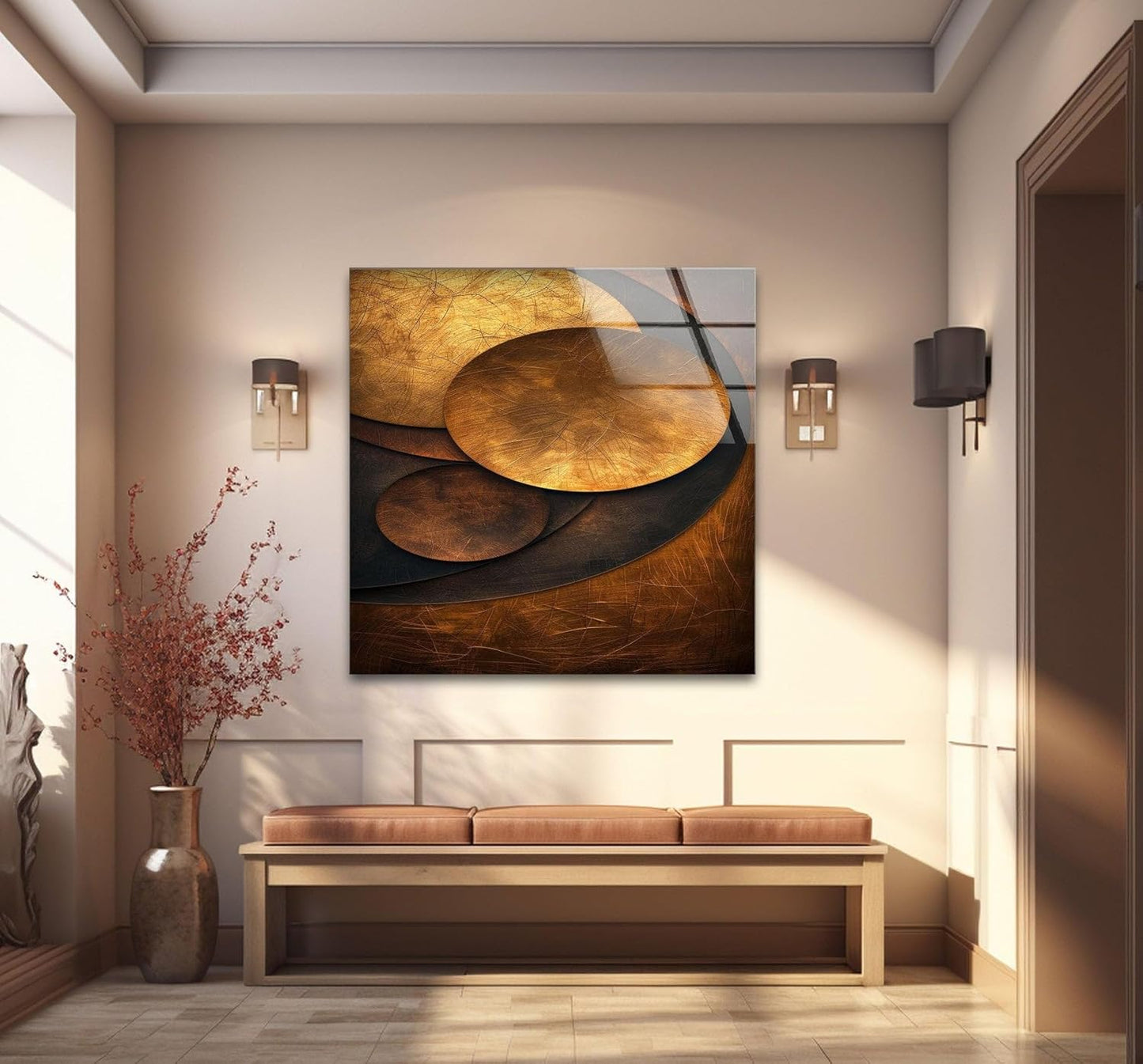 My Photostation.com 27Wx43H'' Bronze Art Deco Geometric Motifs Glass Wall Art Tempered Glass Printing Wall Decor Large Wall Art Wall Hangings