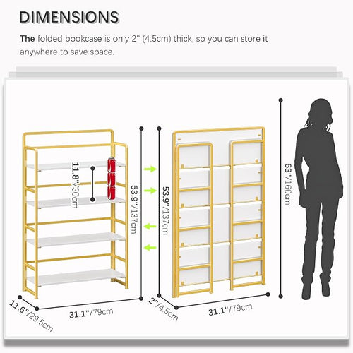 4NM No Assembly Extra Wide 4 Tiers Folding Bookshelf Storage Shelves Vintage - Image 2