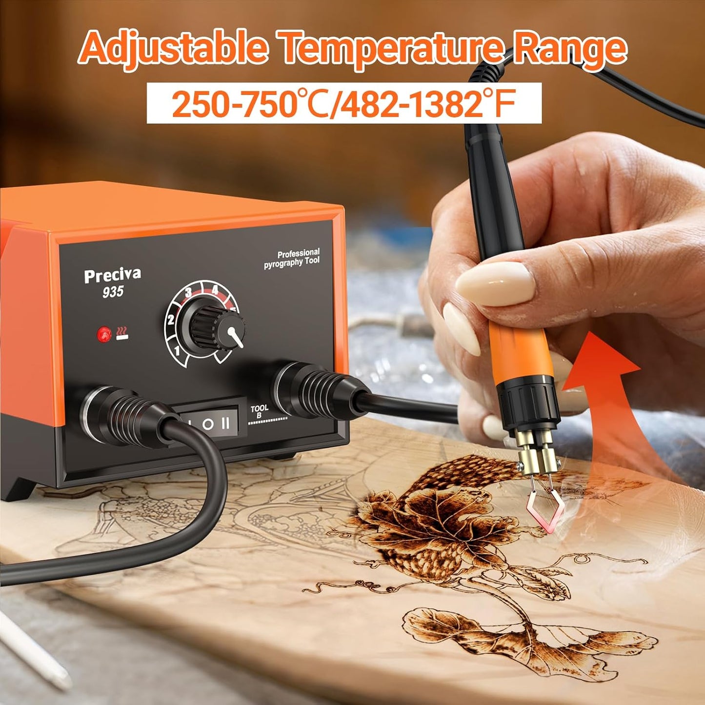 Preciva 935 Dual Handle Wood Burning Kit - Professional Pyrography Tool with 20 Wire Nibs & Pen Holder | Adjustable Temp 482~1382℉ | for Wood Burning, Leather Craft, Art Designs