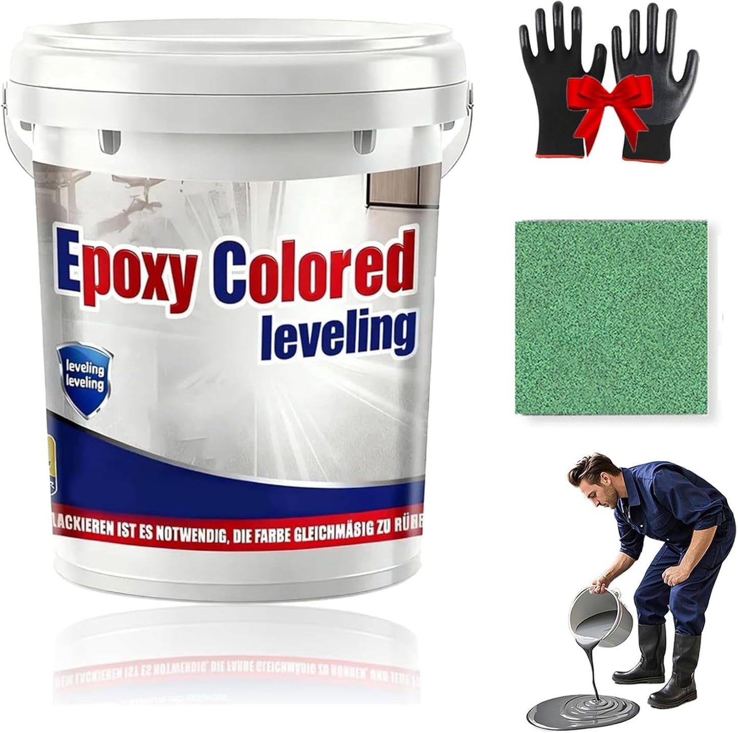 Epoxy Floor Paint, Epoxy Colored Sand Floor Paint, High-Gloss Marble Effect Self-Leveling Coating, Waterproof, Non-Slip, Ultra-Durable for Garage, Basement, Wood Floors (Green,22 lb)