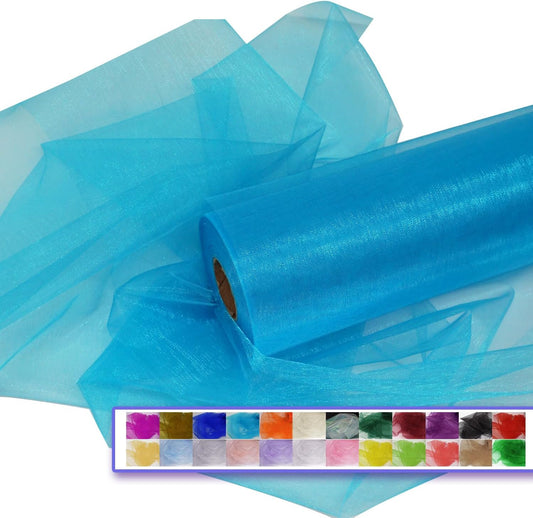 Organza Tulle Fabric Rolls, Crystal Organza 12" by 50 Yards (150 ft) Sheer Nylon Silky Shiny Netting Spool Bolt for DIY Craft Table Runner Wedding Baby Shower Party Decor (Turquoise)