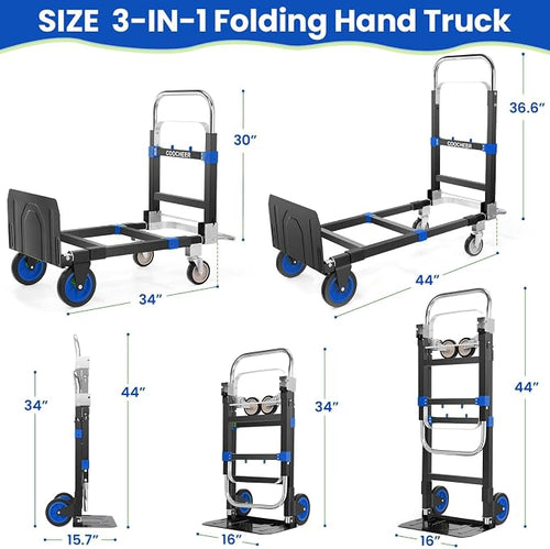 3-in-1 Folding Hand Trucks, 600Lbs Convertible Hand Truck Dolly, Heavy Duty - Image 2