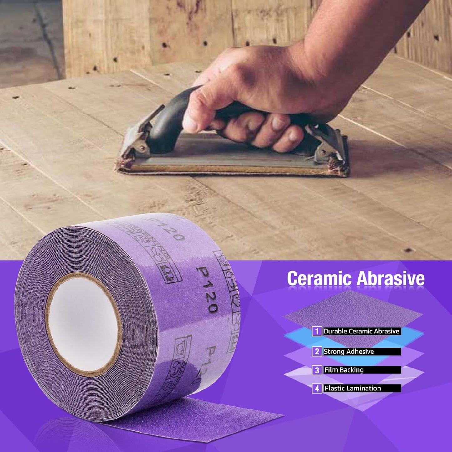 80 Grit PSA Purple Film Ceramic Sandpaper Roll, 2-3/4" Wide Continuous 10 Yard Longboard Sanding Roll Wet Dry Sanding Blocks Self Adhesive Sticky Back Sanding Sheets for Woodworking Automotive