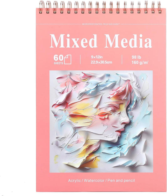Ddaowanx Mixed Media Sketchbook, 9x12 inches Sketch Pad 60 Sheets (98lb/160gsm) Heavyweight Drawing Papers, Top Spiral Bound Hardcover Watercolor Paper, for Wet and Dry Media (1)