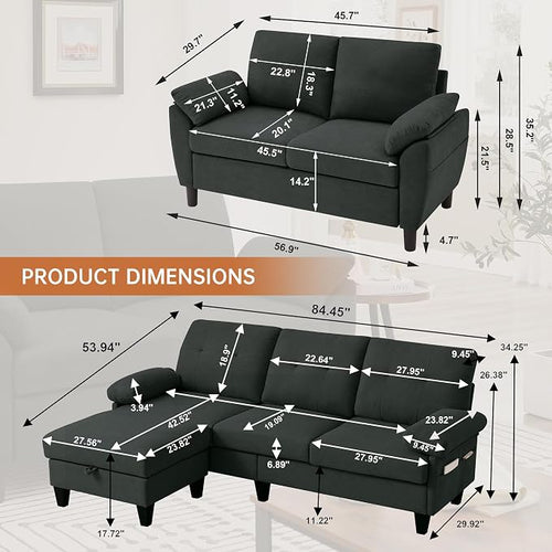 84" Convertible Sectional Sofa Set, 3 Seat L Shaped Couch - Image 2
