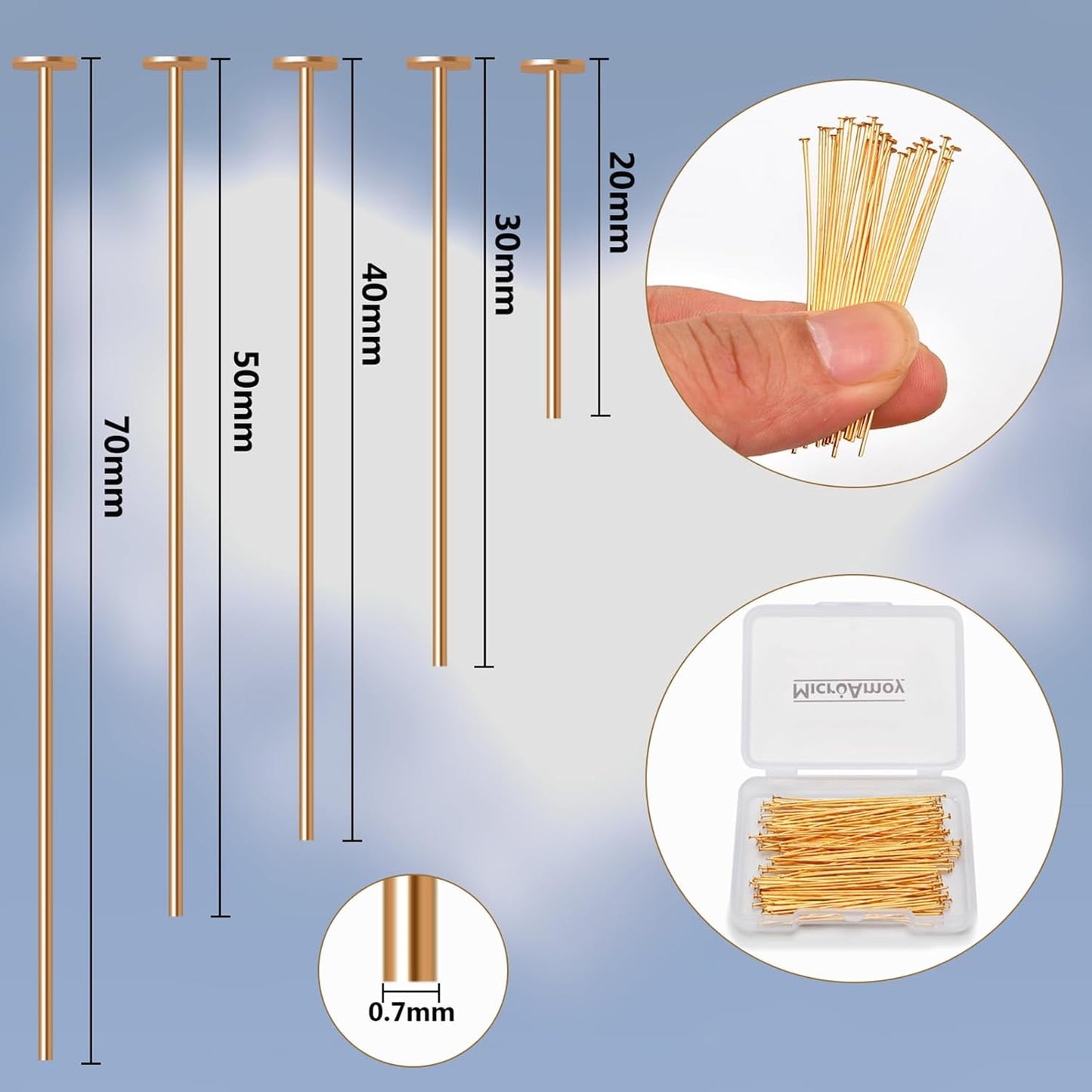 100pcs 18K Gold Filled Flat Head Pins Non Tarnish Craft Earring Bracelet Jewelry Making Accessories Supplies (50mm (1.96in), Gold-Flat Head Pin)