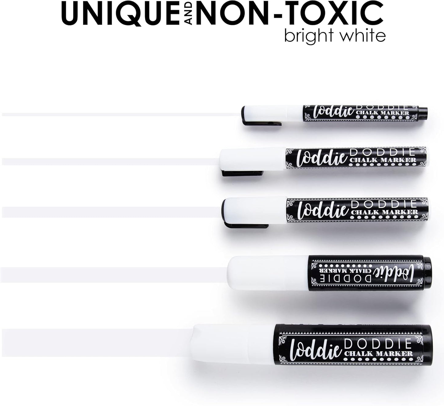 Loddie Doddie Erasable White Chalk Markers for Signs, Blackboard, Glass - Ultra Fine, Medium, Broad Tips (1mm, 3mm, 6mm, 10mm, 15mm) - Liquid Chalk Markers - Pack of 5