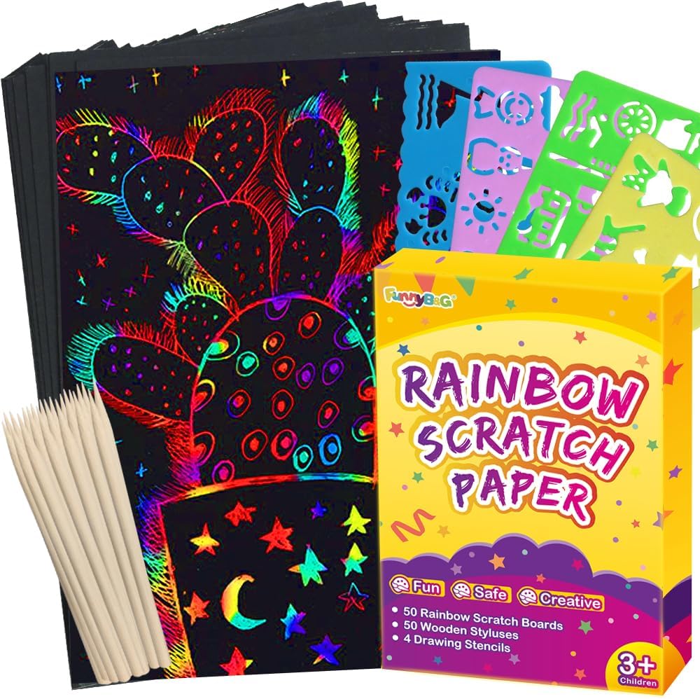 FUNNYB&G Rainbow Scratch Paper Art for Kids - 100 Pcs Magic Rainbow Scratch Paper Off Set Scratch Easter Crafts Arts Supplies Kits Pads Sheets for Party Games Halloween Christmas Birthday Gifts