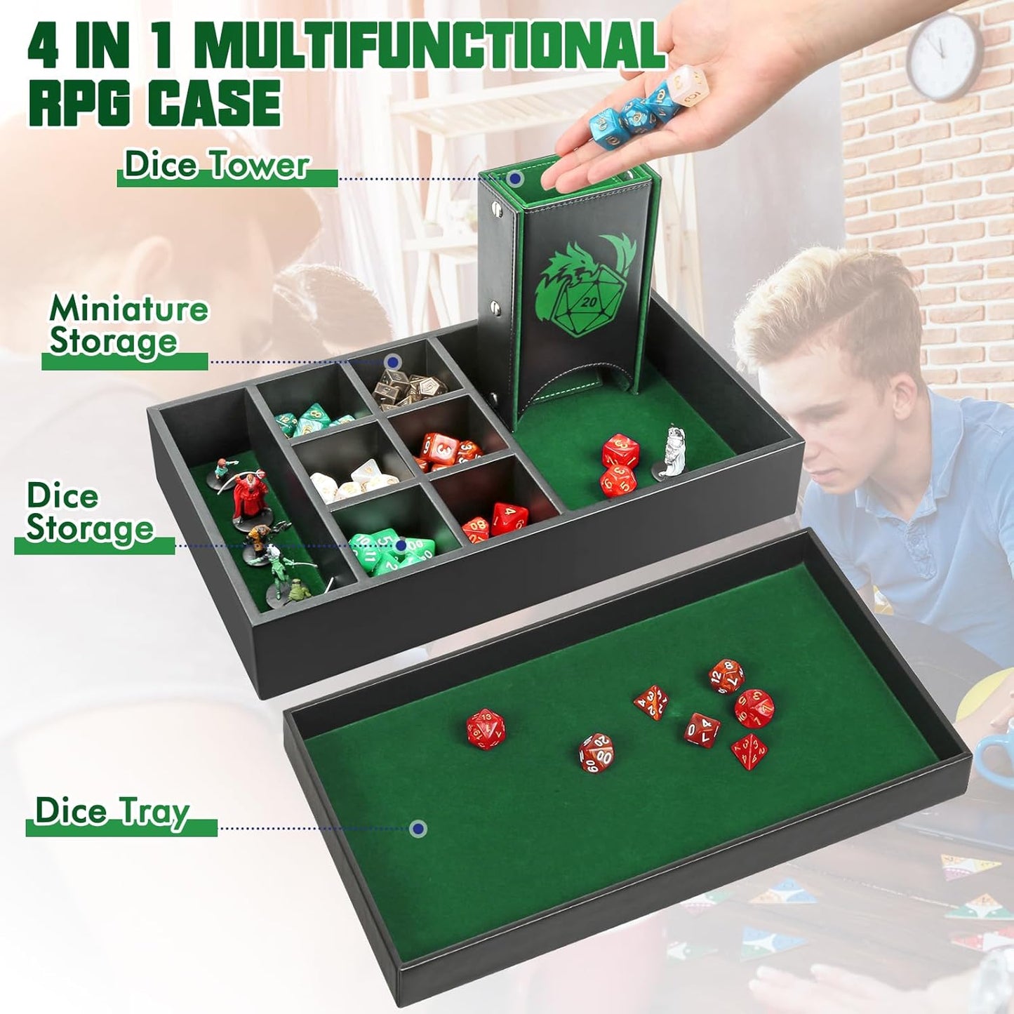 DND Dice Tray & Tower Storage Box, 4 in 1 D&D Dice Holder Case (Dice Rolling Tray, Dice Roller Tower, Dice & Miniature Storage), Great RPG Accessories Gifts for Dungeons and Dragons MTG DM & Player