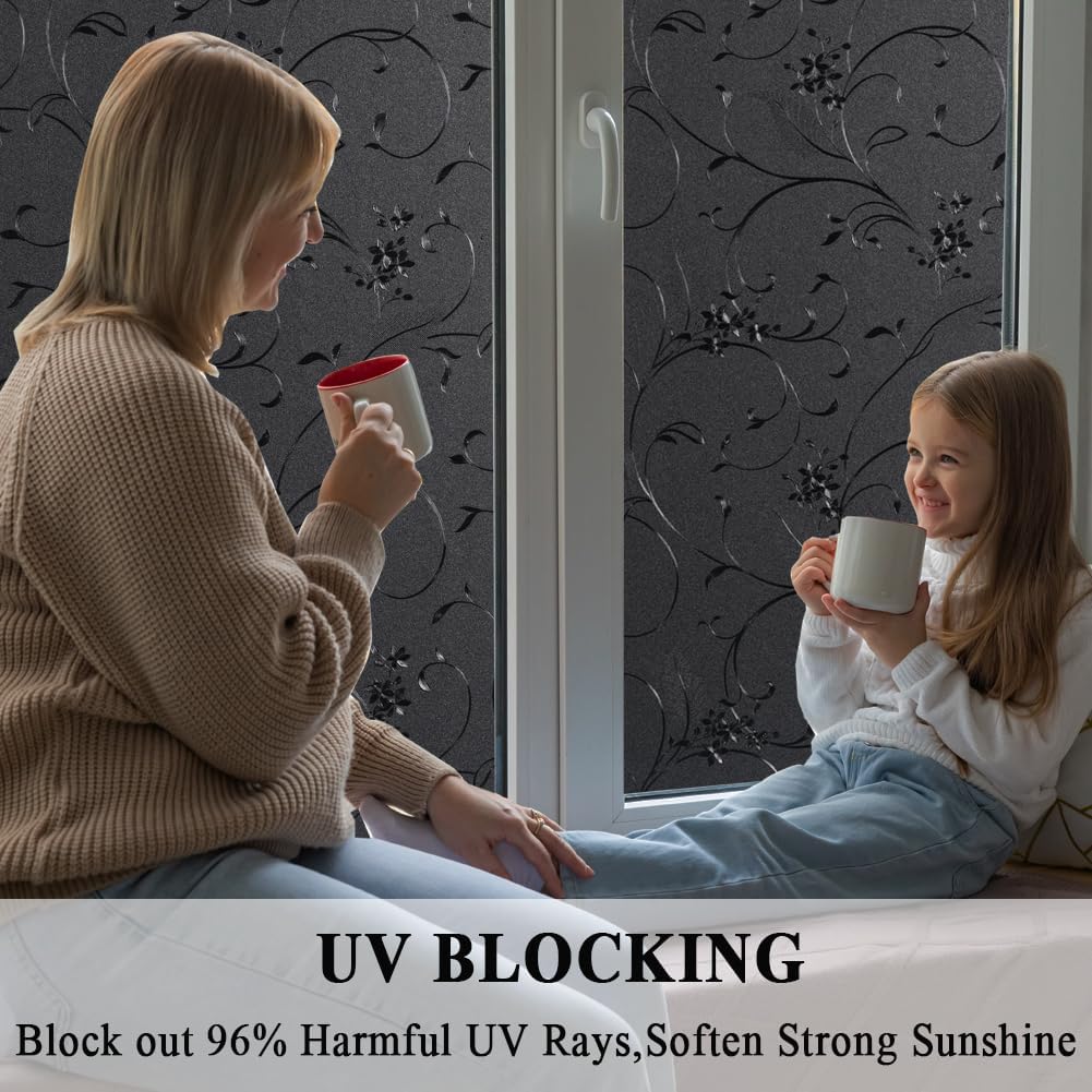 Mikomer Total Blackout Window Film,100% Light Blocking Privacy Glass Door Film Etched Flowers,Room Darkening Window Cling,No Glue/Heat Control/Anti UV for Day Sleep & High Privacy,23.6In. by 78.7In.