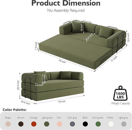 79in Convertible Sofa Bed, Corduroy Boneless Couch Bed, Futon Sleeper Sofa Pull - Image 2
