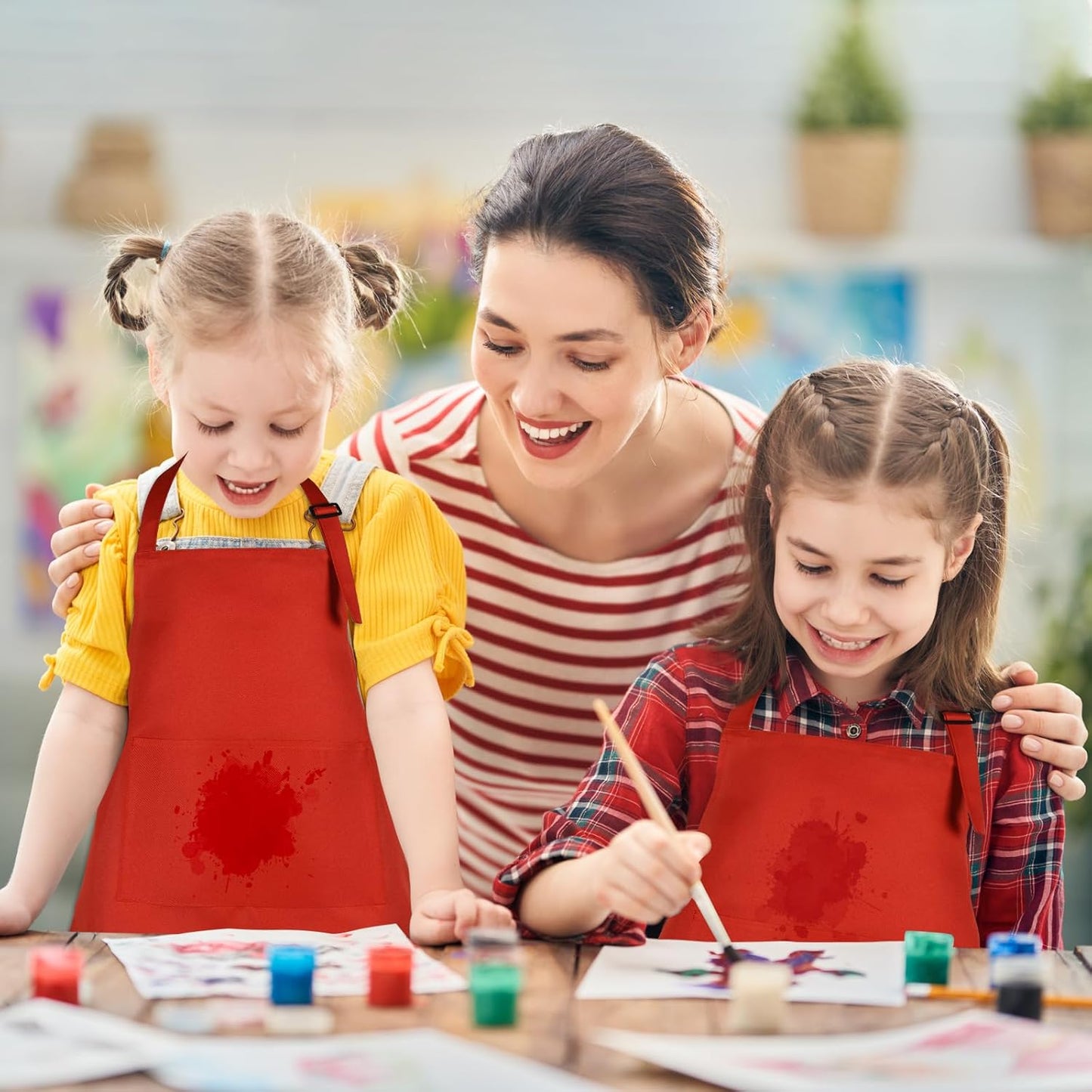 24 Pack Kids Apron Bulk with 2 Pockets Adjustable Chef Art Apron Kids Painting Aprons for Cooking Baking Painting Crafting Grilling Activity（Red）