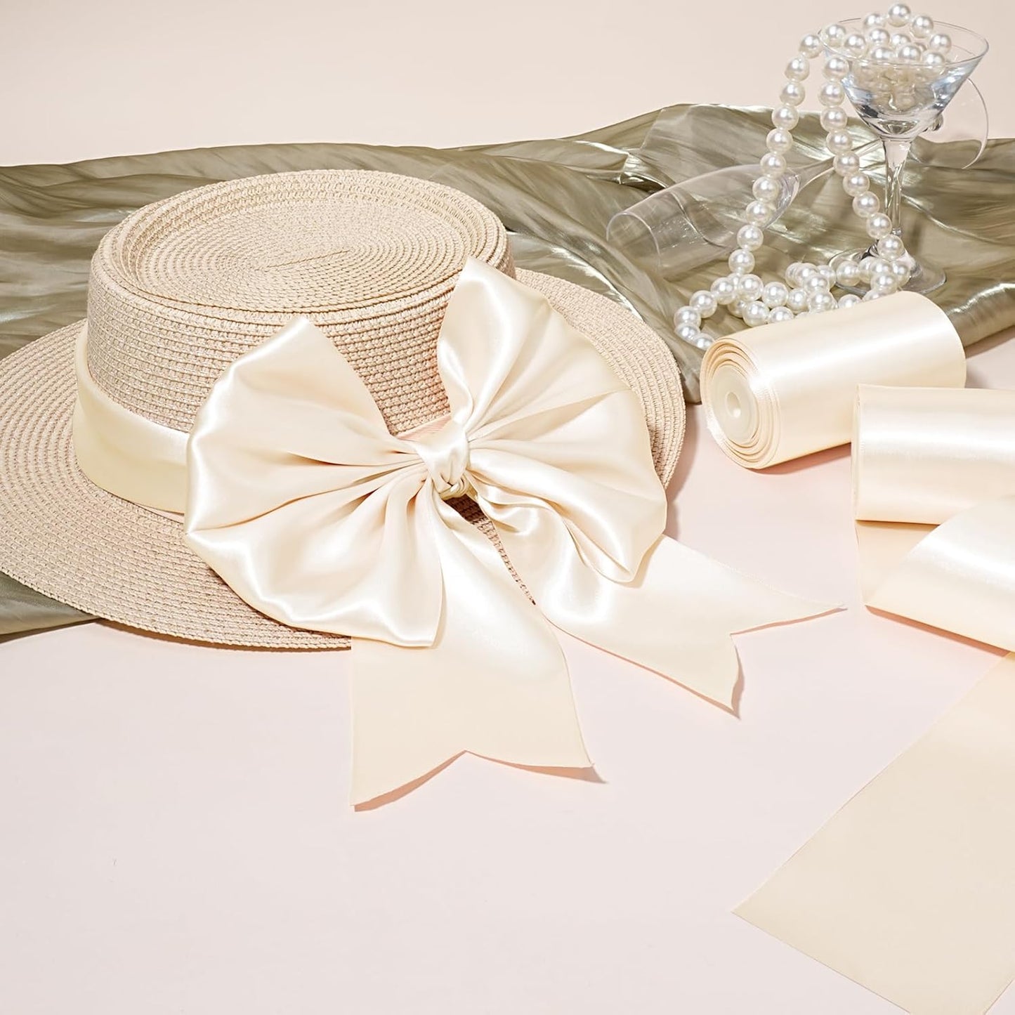 LaRibbons Nude Satin Ribbon 4 Inch 10 Yards Double Faced Luxury Nude Silk Ribbon for Gift Wrapping Flower Bouquets Bow Christmas Wedding Party Decoration