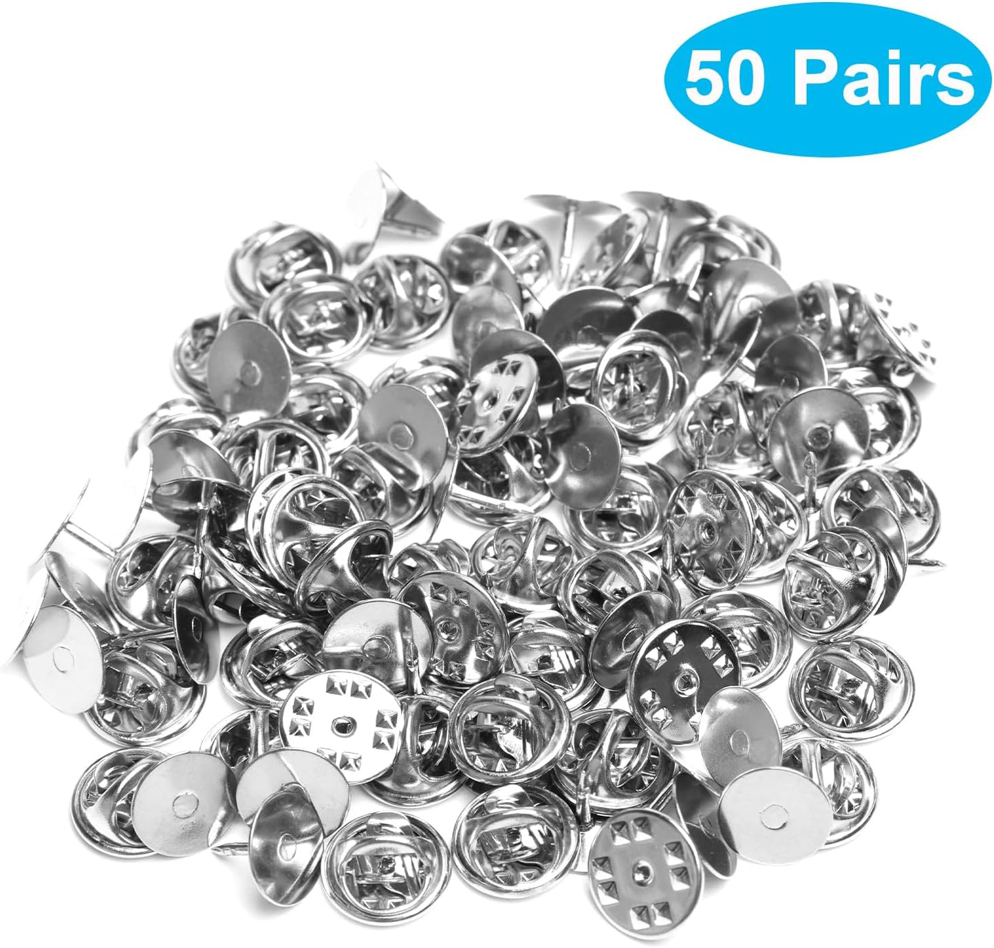 50 Pairs Premium Butterfly Clutch Pin Backs with 8mm Length 10mm Width Blank Pins for DIY Enamel Pins, Jewelry Craft Gifts, or Tie Tack Keeper Replacements (Silver)