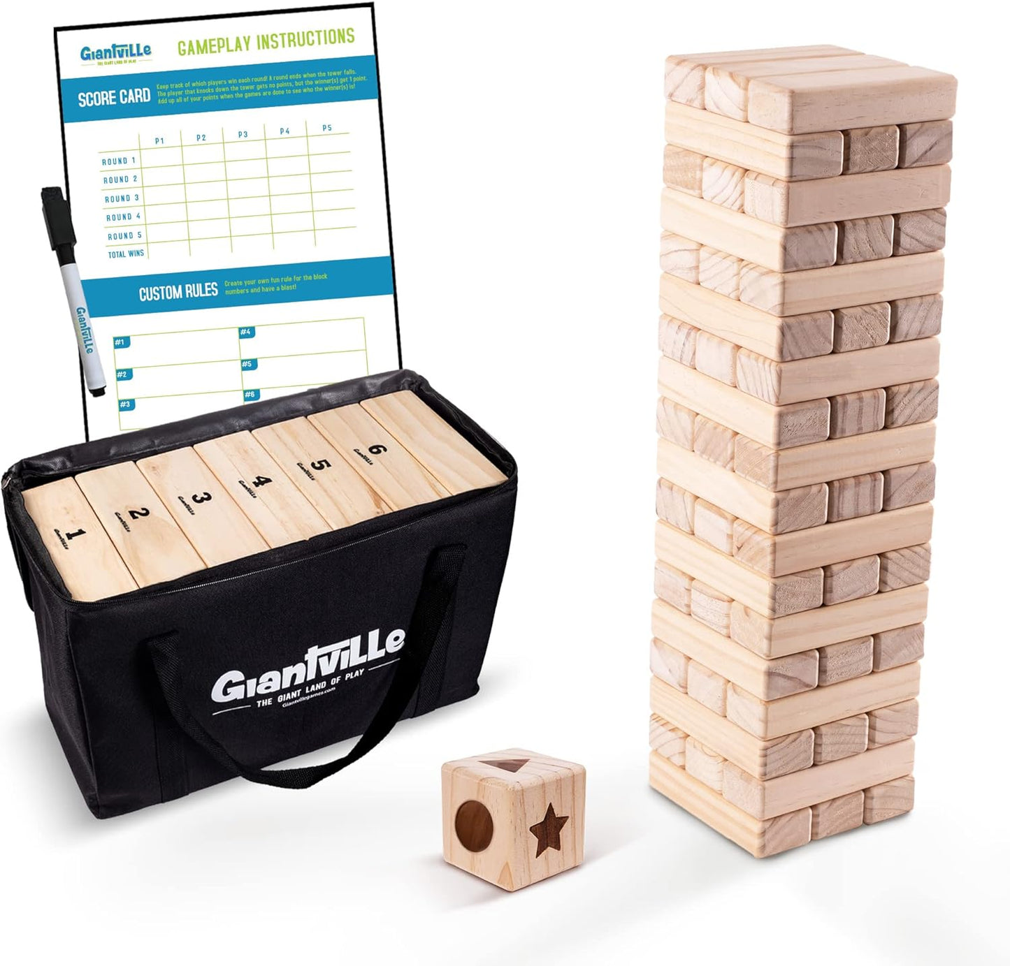 Giantville Giant Tumbling Timber Toy - Premium Pine Wood Life-Size Blocks Tower - Big Floor/Board Indoor/Outdoor Yard Game for Kids & Adults - 54-Pieces + Dice + Carry Bag - Grows to Almost 3-Feet