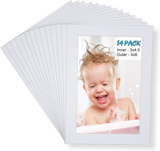 Egofine 4x6 White Picture Mats Pack of 14, Frame Mattes for 3x4.5 Pictures, Acid Free, 1.2mm Thickness, with Core Bevel Cut