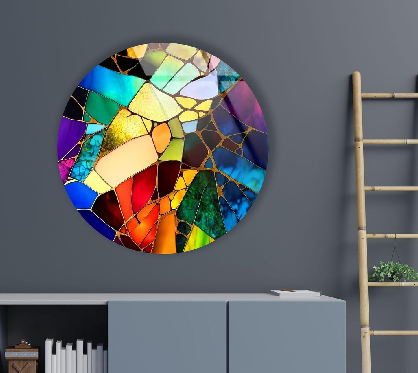 My Photostation.com 39,4''(100cm) Diameter Multicolor Round Stained Glass Wall Art Vibrant Mosaic Abstract Panel Tempered Glass Printing Wall Decor Large Wall Art Wall Hangings
