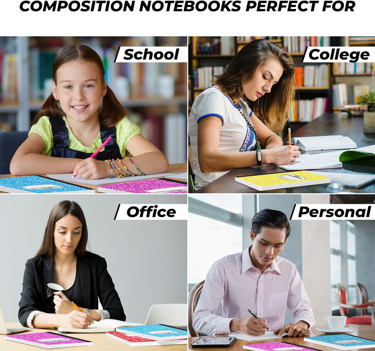 Rosmonde 5 Pack Composition Notebook Wide Ruled, 200 Pages (100 Sheets), 9-3/4x7-1/2, Notebooks for Work, Back to School Supplies, Hard Cover Composition Books, Notebooks for Women, Colors May Repeat